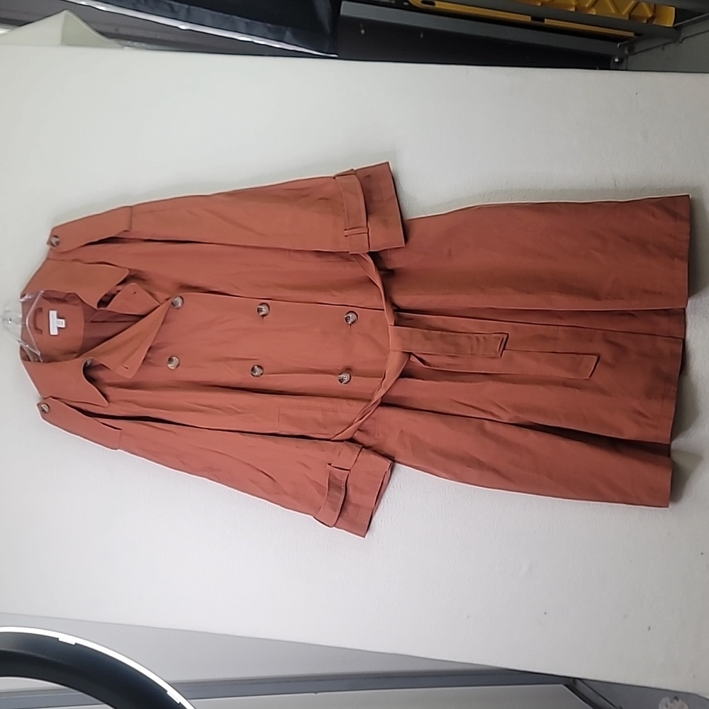 Women's Topshop Longline Button Trench Coat Tie Waist Brown Rust Size 14